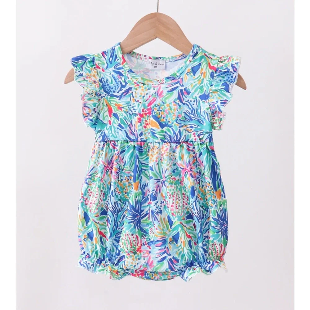 Tropical Floral Ruffle-Sleeve Baby Bubble Romper - Blue/Multicolor Girls 12M NWT